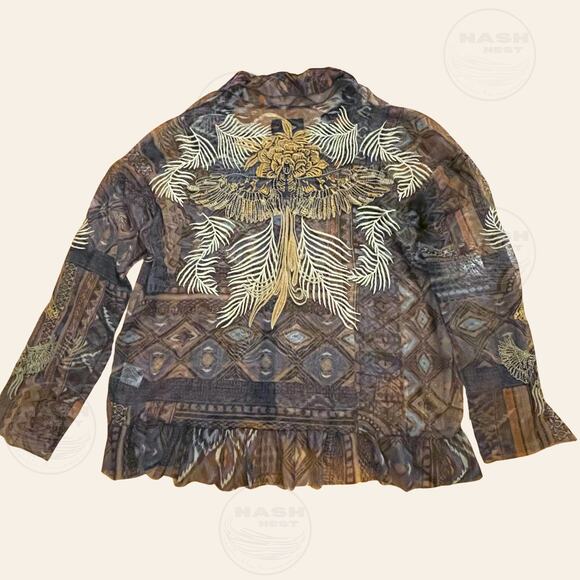 Johnny Was Noemie Mesh Blue Blouse L | Embroidered Phoenix Bird Sheer Top NWOT - Picture 3 of 10